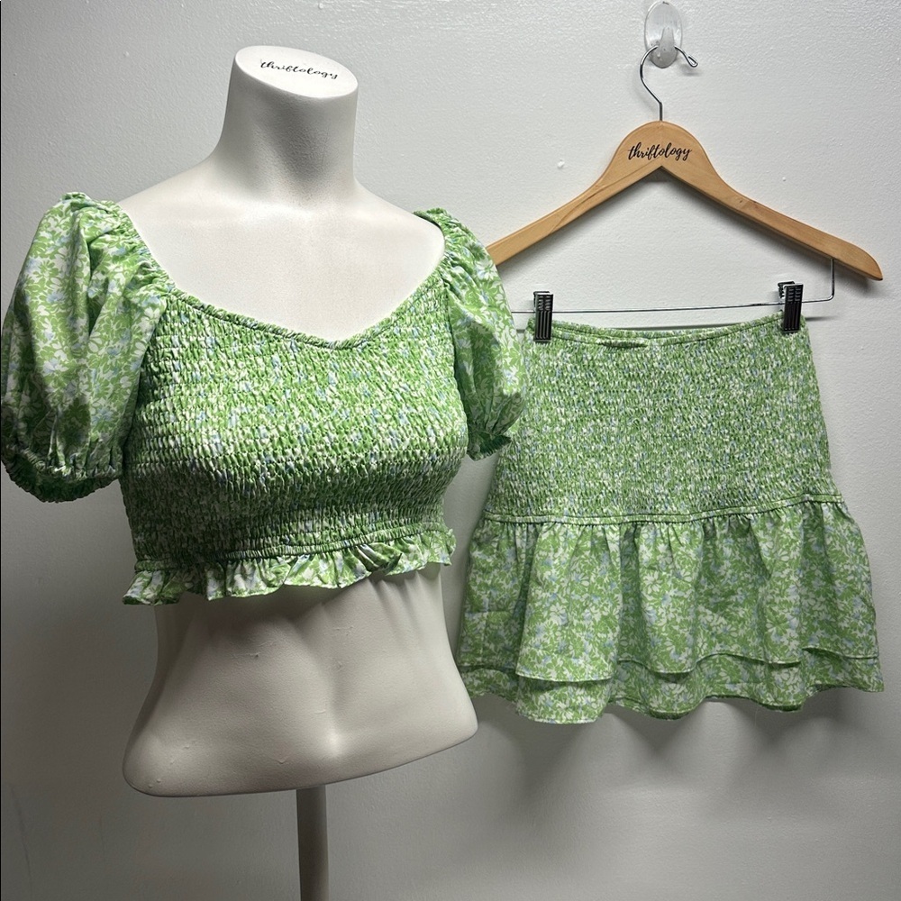Sabo Monaco Skirt Shirred Leti Top 2 Piece Set Floral Stretch Green Size XS - Picture 2 of 10